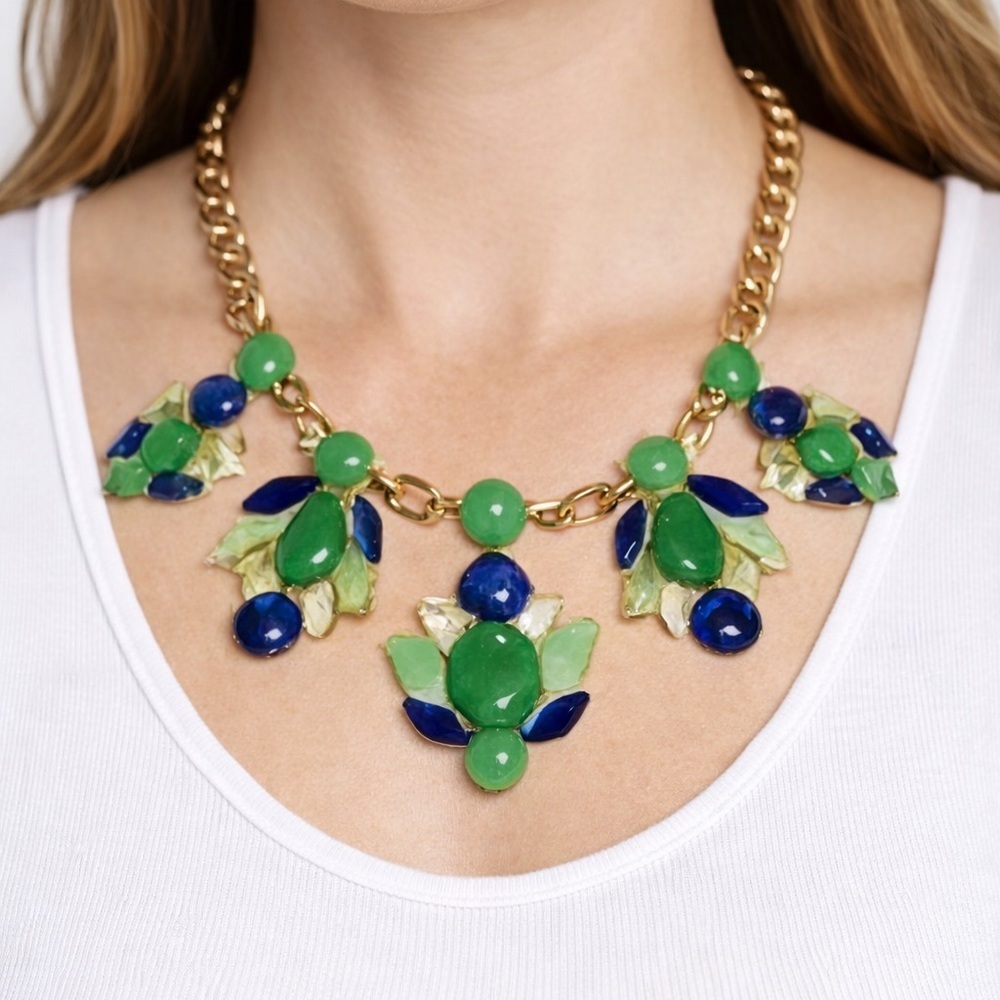 Stella & Dot Green, Blue and Pale Yellow Crystal Bib Necklace